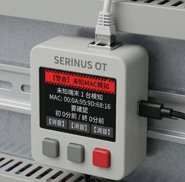 SERINUS OTのコンセプトイメージ。DINレールに取り付けられた小型機器が、未知のMACアドレスを検知して警告画面を表示している