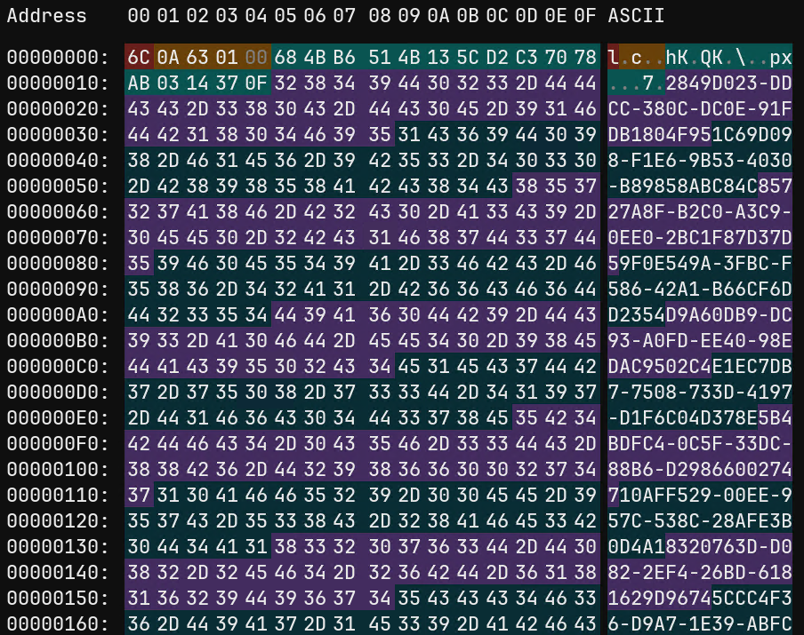 payload.enc先頭の16進表示で、0x00のマーカー、0x01からのレコード数、0x05からの16バイトシード、0x15以降のUUID形式ASCIIデータが区分されている