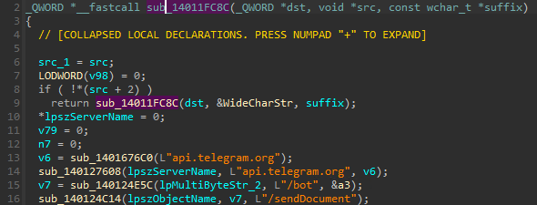 デコンパイル画面でapi.telegram.org、/bot、/sendDocumentを連結して文字列を組み立てる処理が表示されている