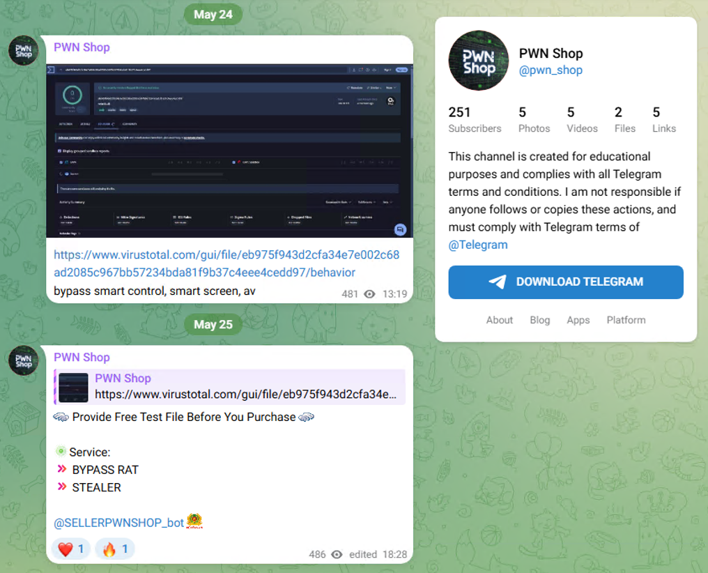 PWN ShopのTelegramチャンネル画面で、2026年5月24日の投稿に検体のVirusTotalリンクが掲載され、チャンネルプロフィールと翌日のサービス案内が並んでいる