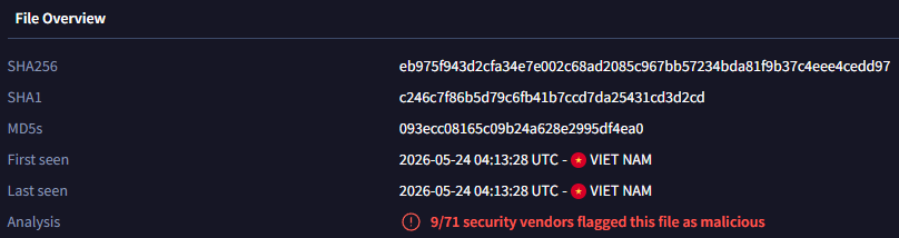 GTIのFile Overviewに、2026年5月24日にPWN Shopへ掲載された検体のSHA-256、First seen時刻、国情報Viet Namが表示されている